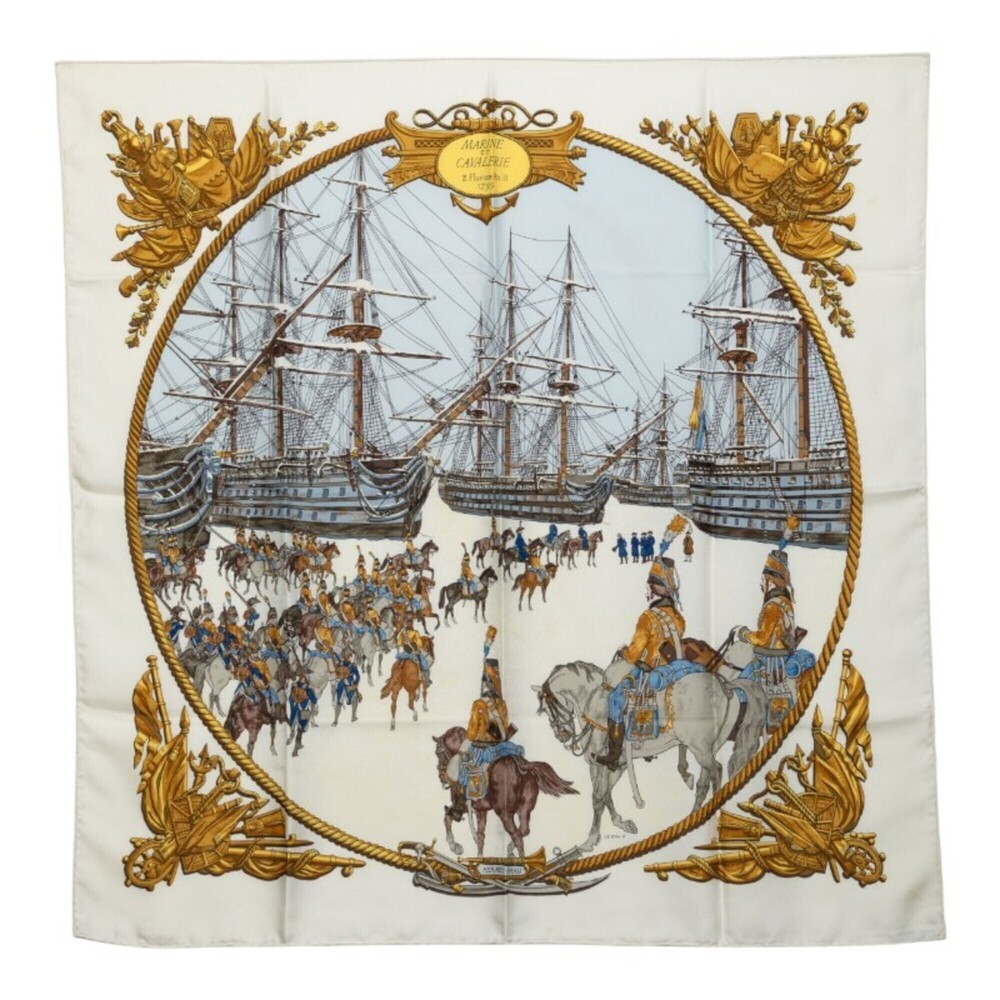 Hermes Carre 90 MARINE ET CAVALERIE (Sea and Cavalry) Scarf/Muffler, White/Mu...